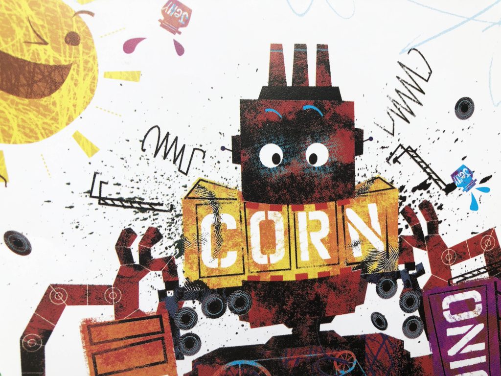 Page with robots eating trash pretending it's corn. Recycling Robots Munch Trash in Junkyard