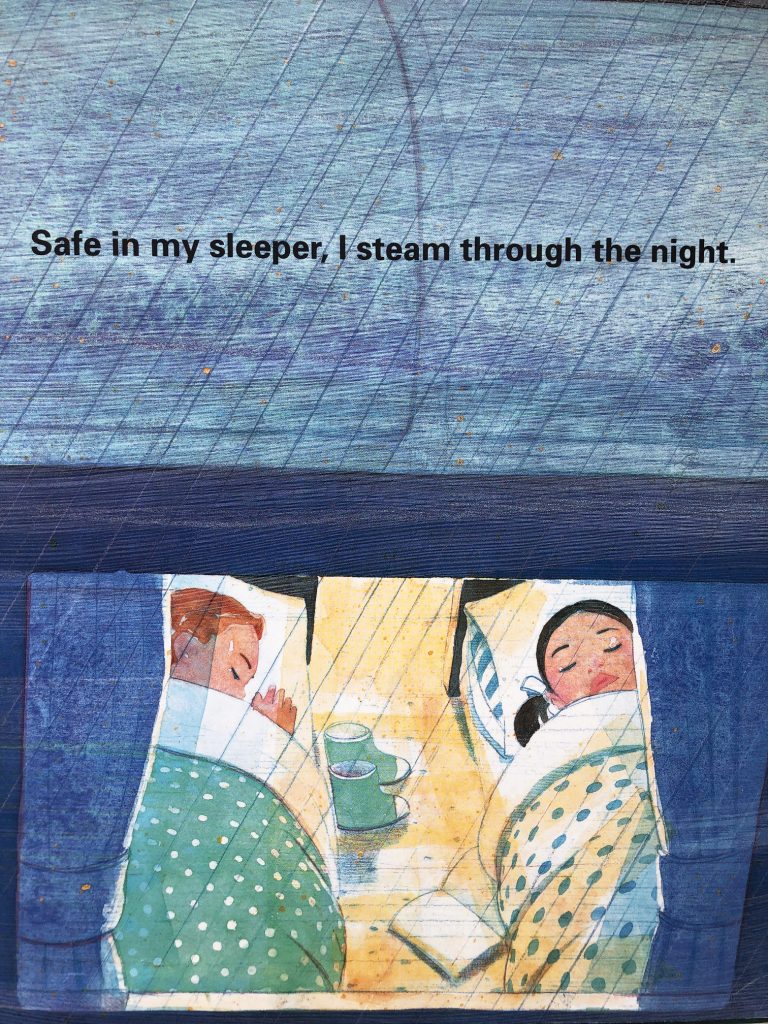 Book page with two children asleep in the sleeper train car. A Rollicking Ride to Fall Asleep on The Rain Train