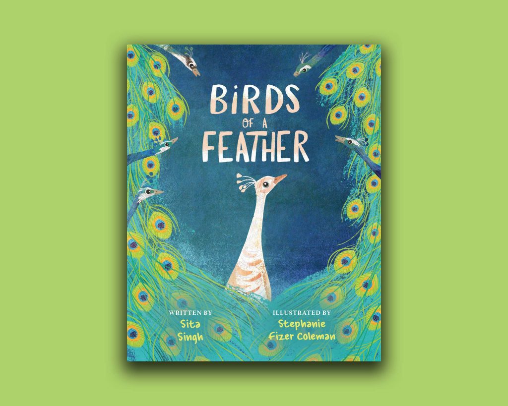 Book cover with white peacock. ‘Birds of a Feather’ Shines Bright