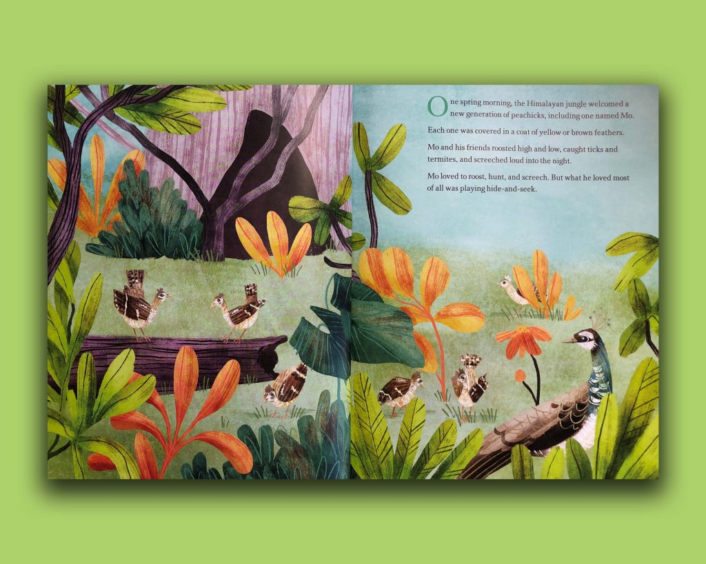 Book pages with peachicks in a jungle. ‘Birds of a Feather’ Shines Bright