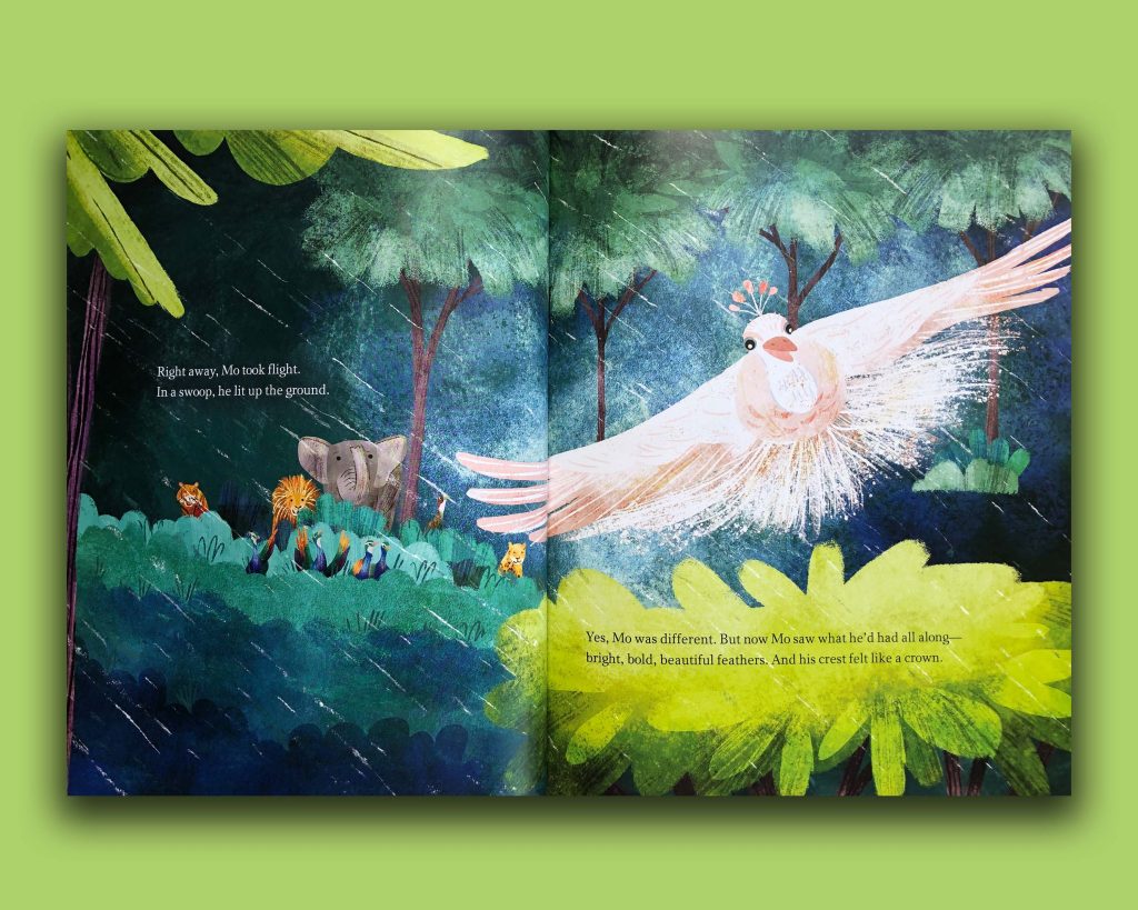Book pages with white peacock flying.