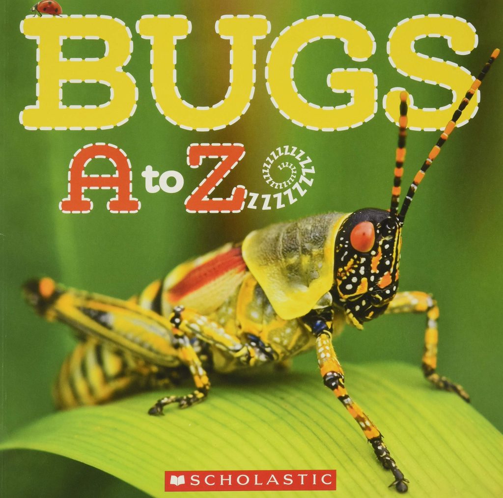 Book cover with closeup grasshopper.
