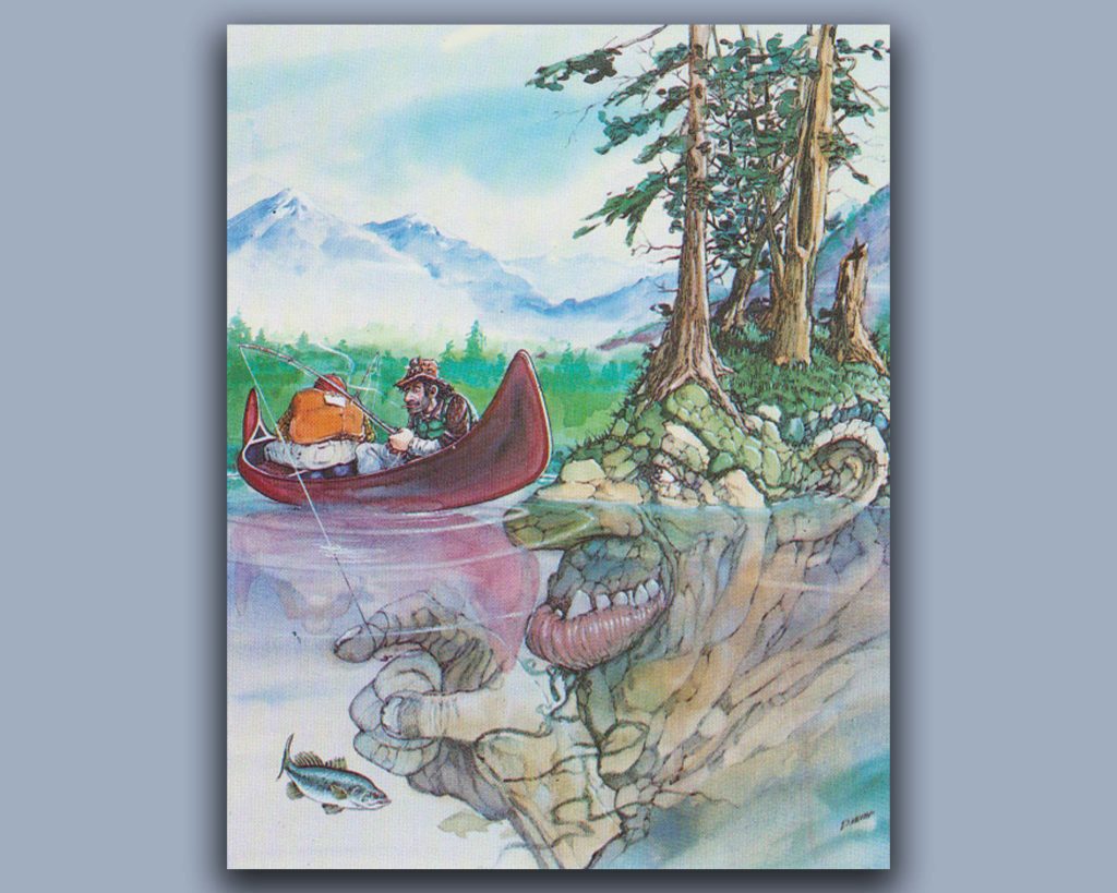 Postcard sketched by Doug Keith of fishing and giant rock. Doug Keith Talks 'Old-School' Art and Giant Inspiration
