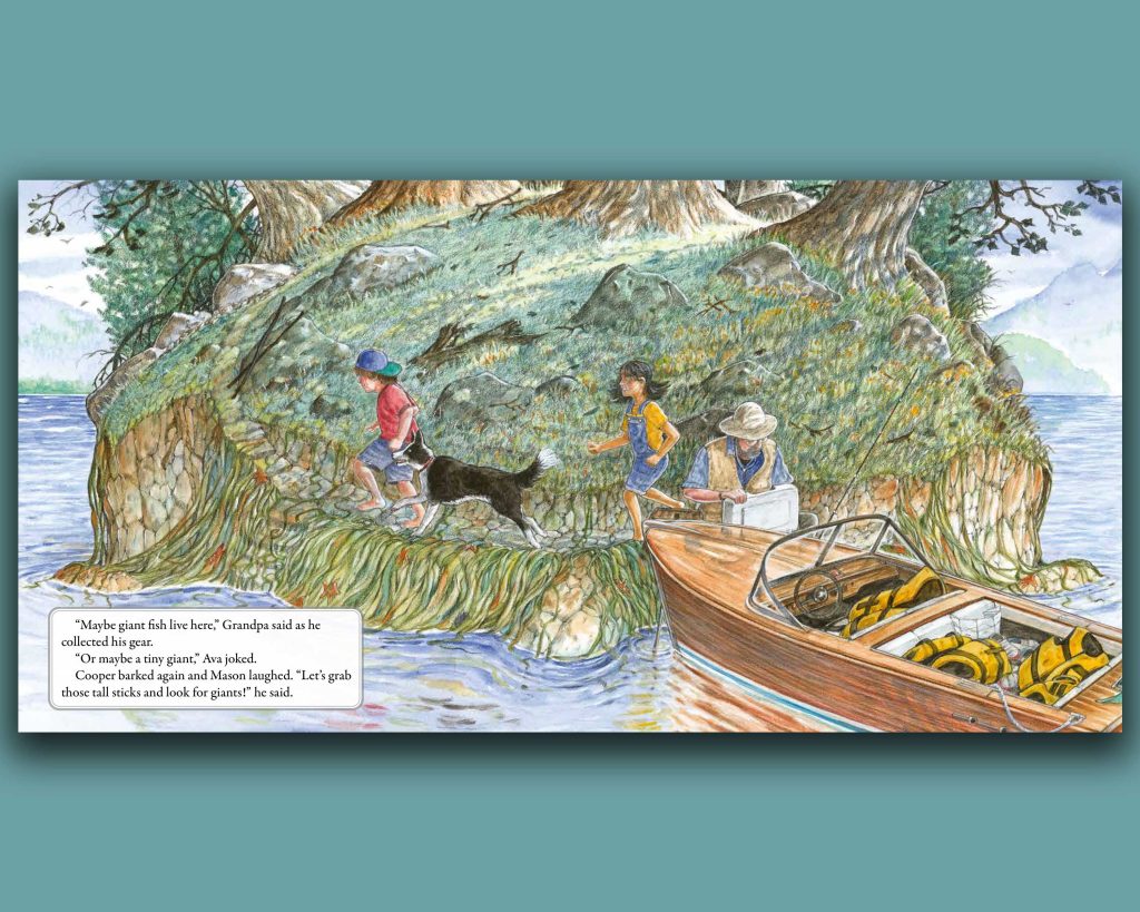 Book pages children climb off boat and onto island. Explore A World of Magic in 'Giant Island'