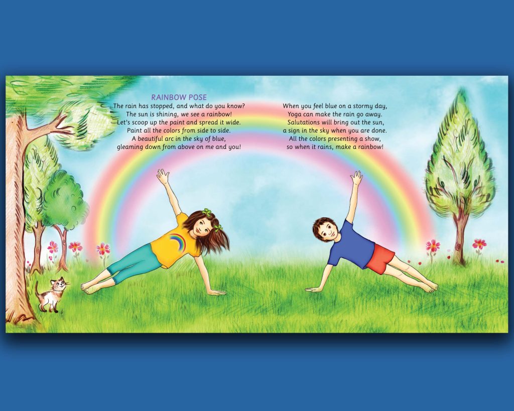 Book pages with children holding rainbow pose below a colourful rainbow.