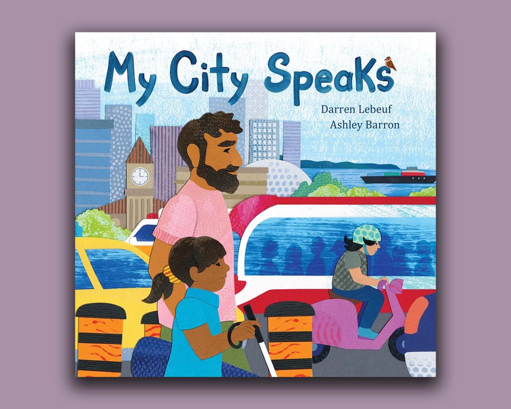 Book cover of city with father and daughter. A Tour of Sounds in 'My City Speaks'