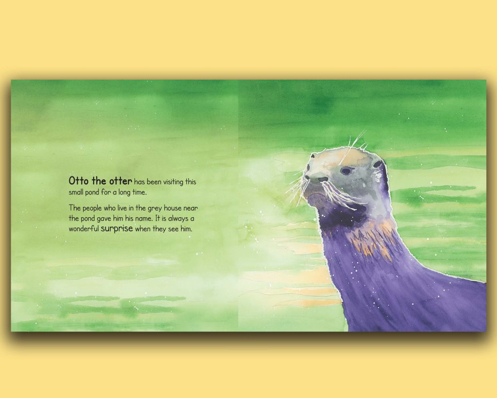 Book pages with otter looking across pond. 'Otto The Otter' Delivers A Sweet Surprise