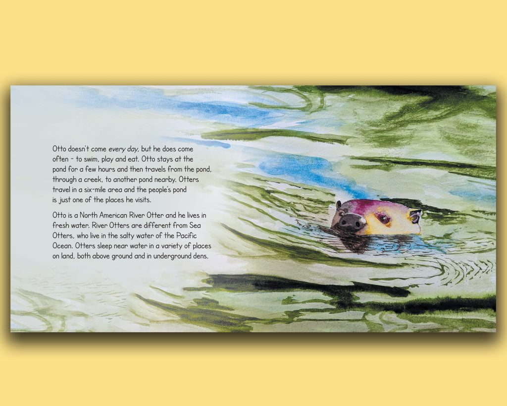 Book page with otter swimming in pond water. 'Otto The Otter' Delivers A Sweet Surprise