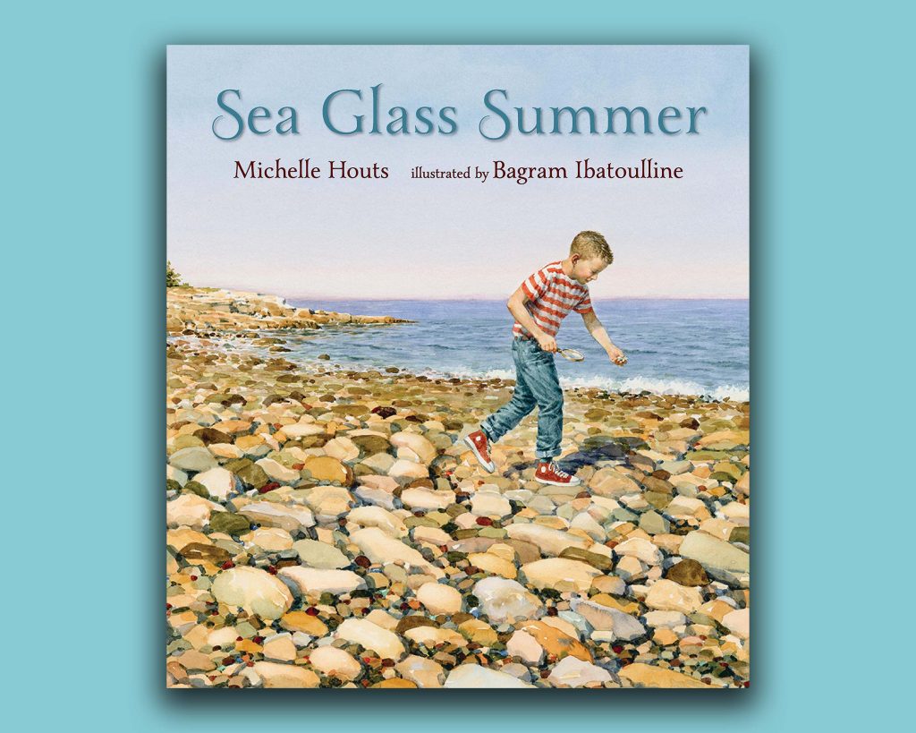 Book cover with boy looking for treasures on beach. 'Sea Glass Summer' a Treasure to be Discovered