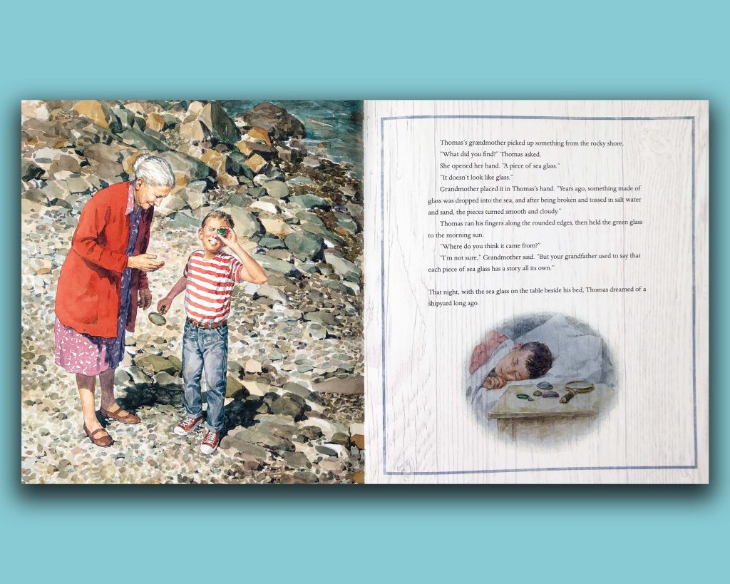 Book pages with boy and grandmother on beach shore. 'Sea Glass Summer' a Treasure to be Discovered