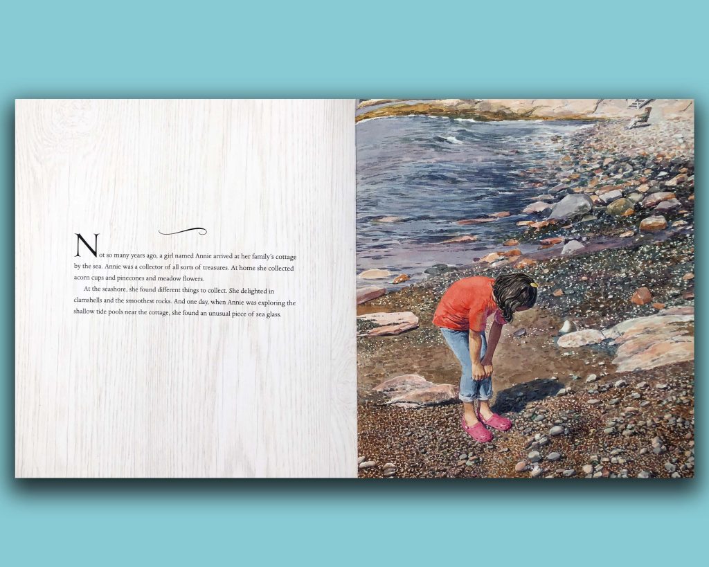 Book pages with young girl scouring beach for treasures.