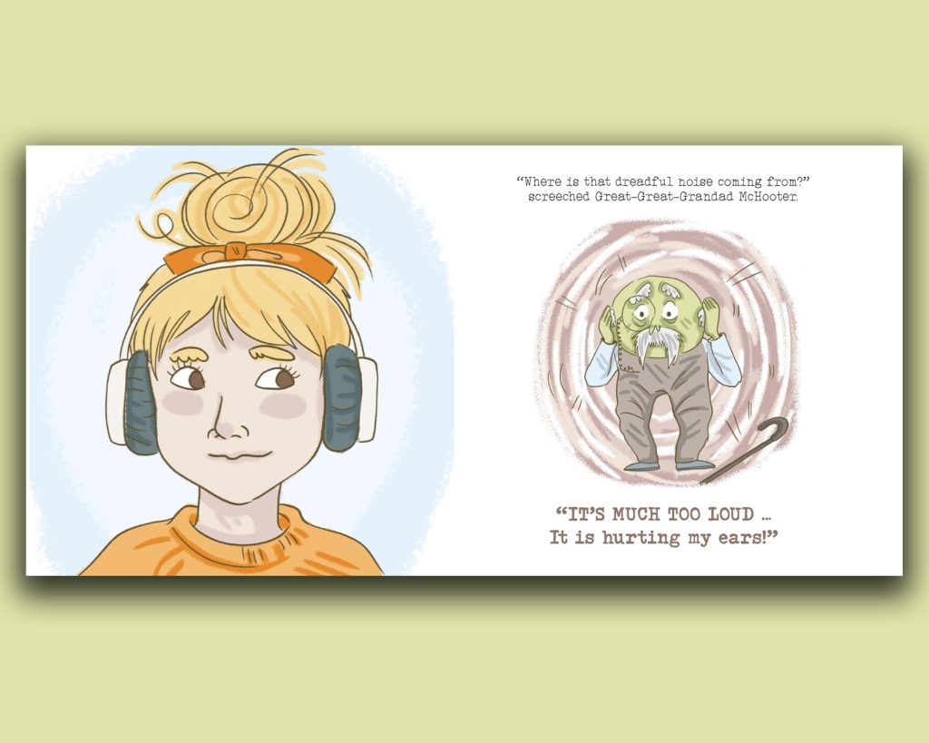 Book pages with human wearing headphones. 'Meet The Snozzeralls' an Anatomical Adventure for Kids