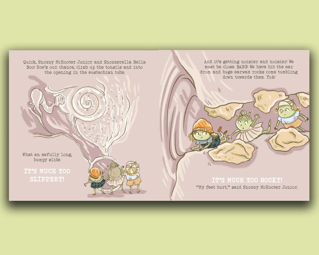 Book pages with Snozzerall children climbing through inner ear. 'Meet The Snozzeralls' an Anatomical Adventure for Kids