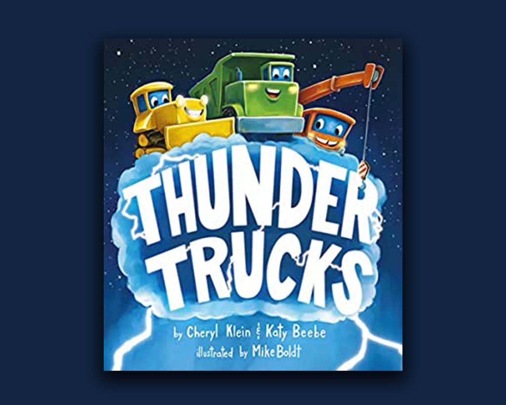 Book cover with construction vehicles. Learn to Weather Storms with 'Thunder Trucks'