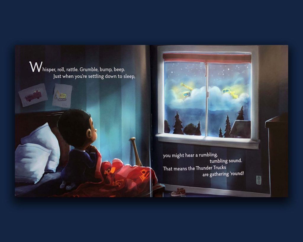Book pages with boy in bed looking out window at storm. Learn to Weather Storms with 'Thunder Trucks'