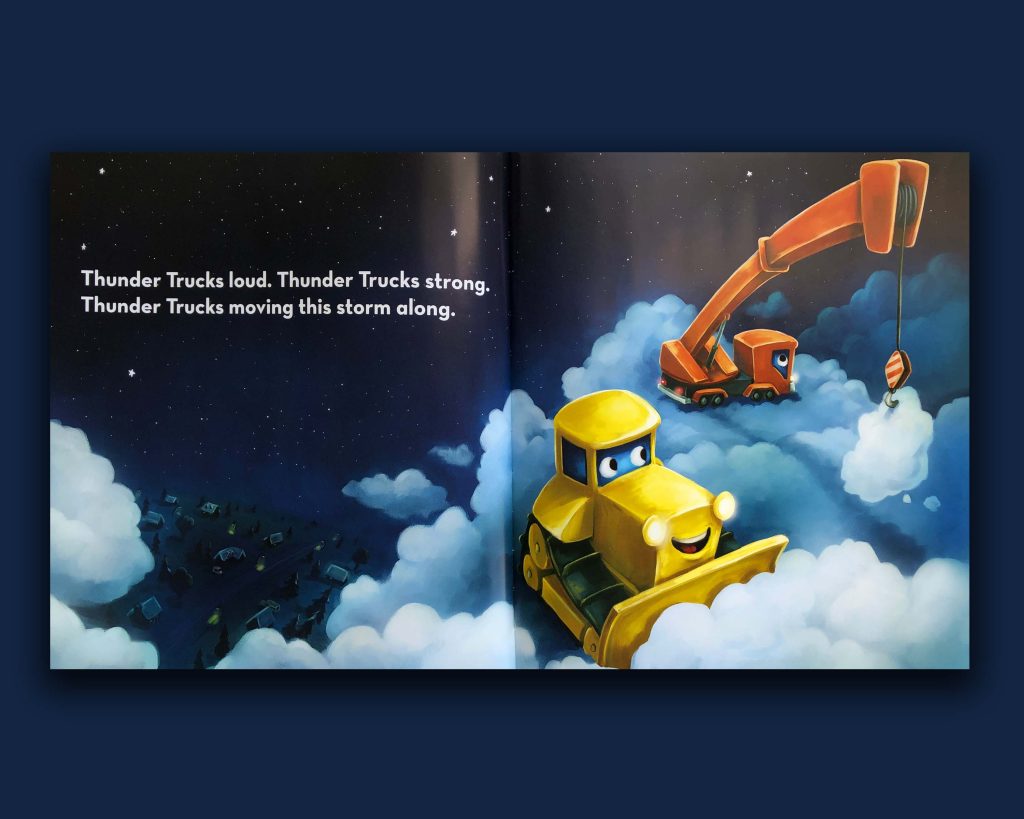 Book pages with trucks working in clouds. Learn to Weather Storms with 'Thunder Trucks'