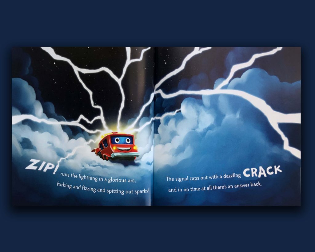 Book pages with crane truck and lightning.