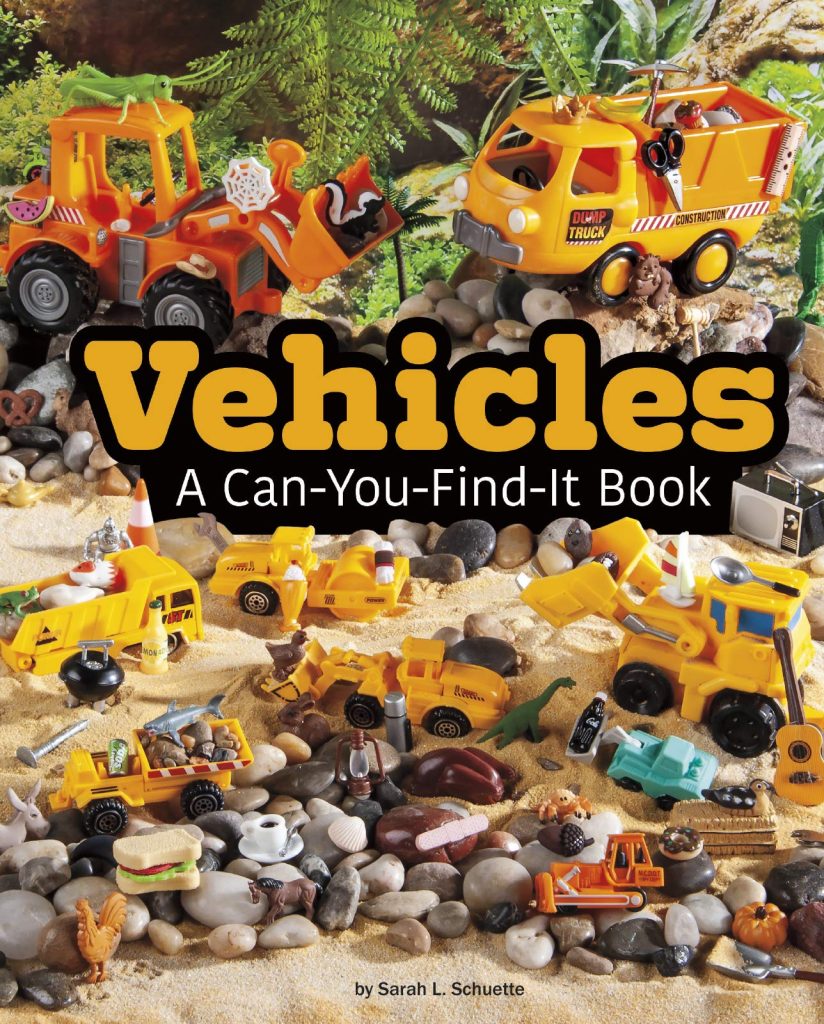 Book cover with construction toys in sand. The Best Seek-and-Find Books for Little Kids