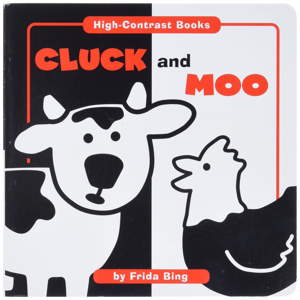 Cover of Cluck and Moo with a black and white cow and chicken. The Best High-Contrast Board Books for Babies.