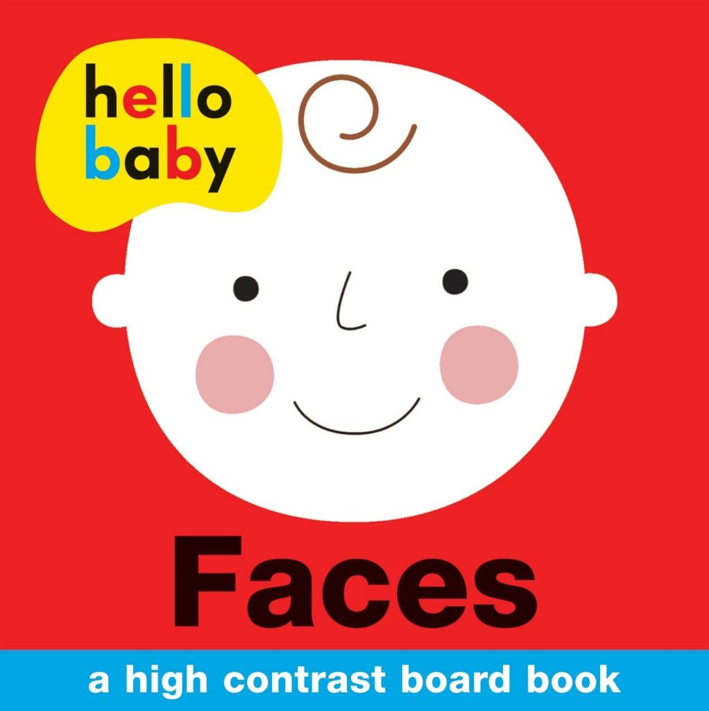 Cover of Hello Baby Faces with a red background and a baby. 