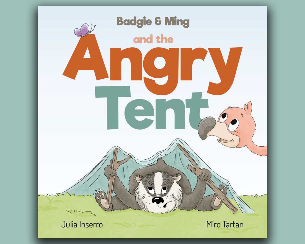 Book cover featuring a flamingo helping a badger build a tent. Unpacking Big Emotions with 'Badgie & Ming and the Angry Tent'