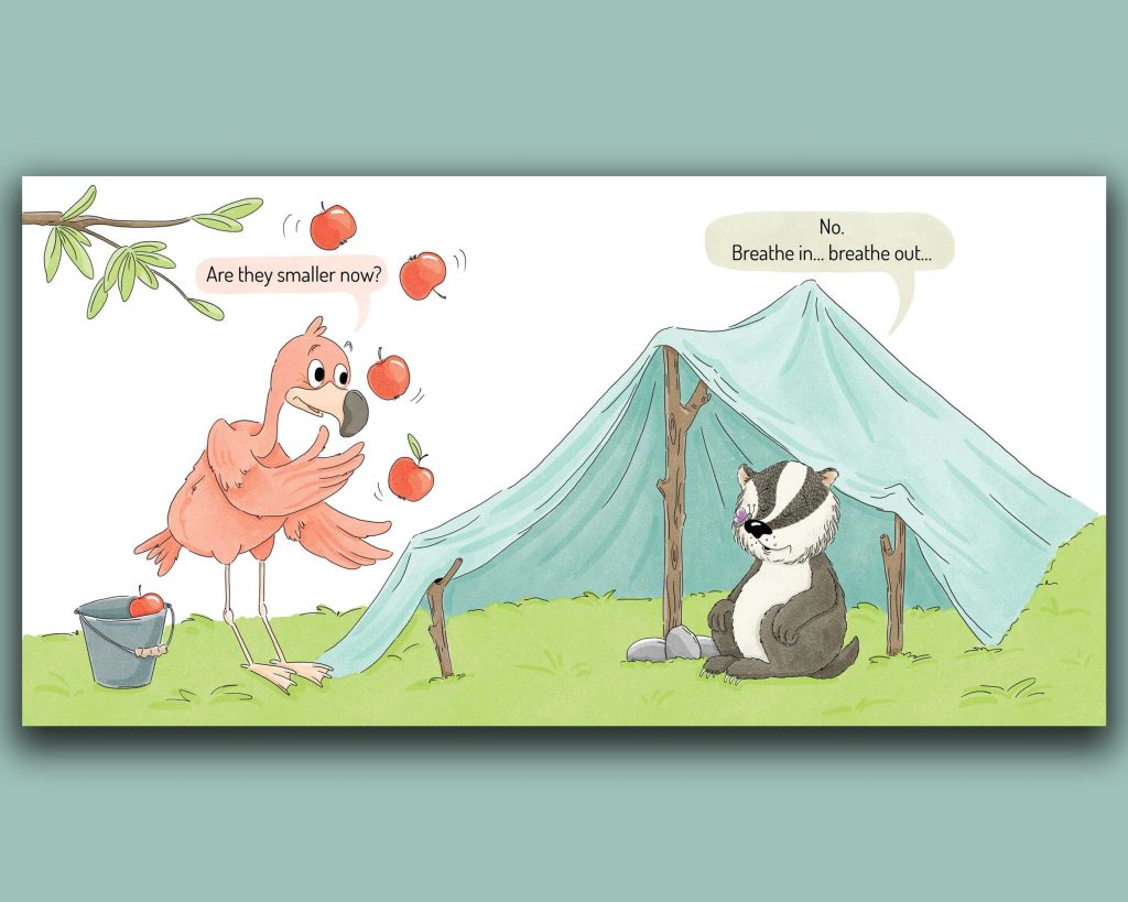 Book pages flamingo juggling apples and badger taking deep breaths. 