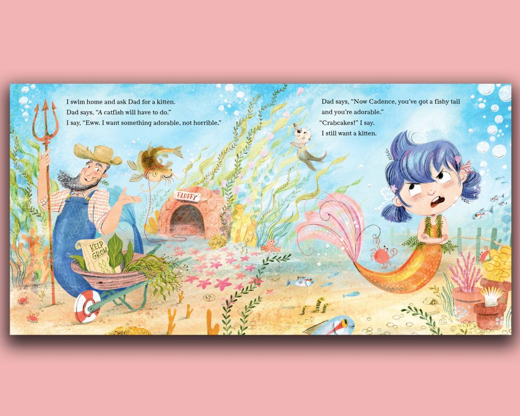 Book pages with mermaid family underwater. Finding a Friend in 'Cadence and Kittenfish: A Mermaid Tale'