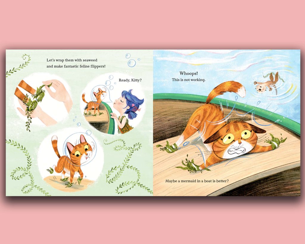 Book pages with kitten wearing seaweed flippers.