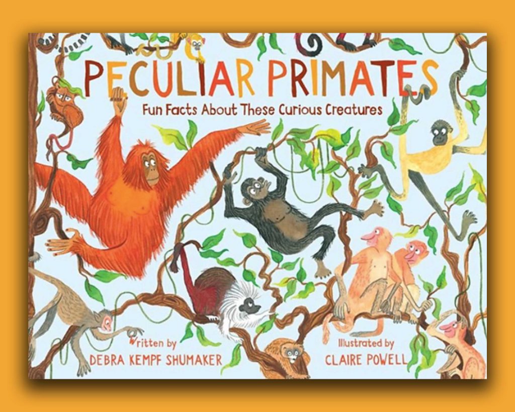 Book cover Peculiar Primates with various primates swinging from vines. Swing Into An Exciting Expedition In 'Peculiar Primates'