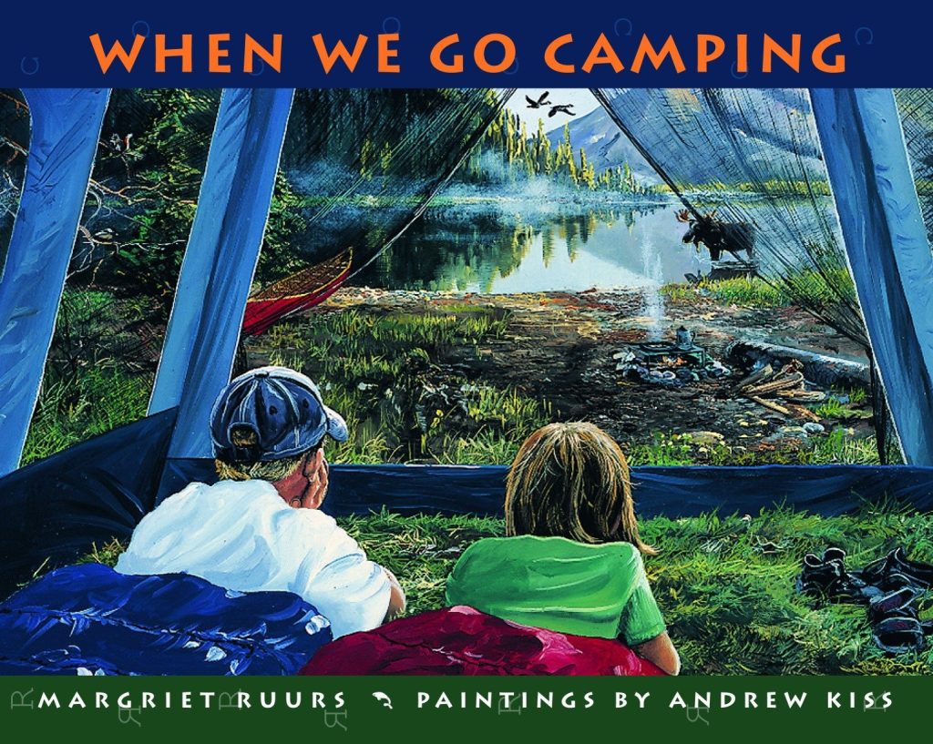 Book cover children inside tent looking at moose. 13 Excellent Books About Camping To Stoke Outdoor Adventure