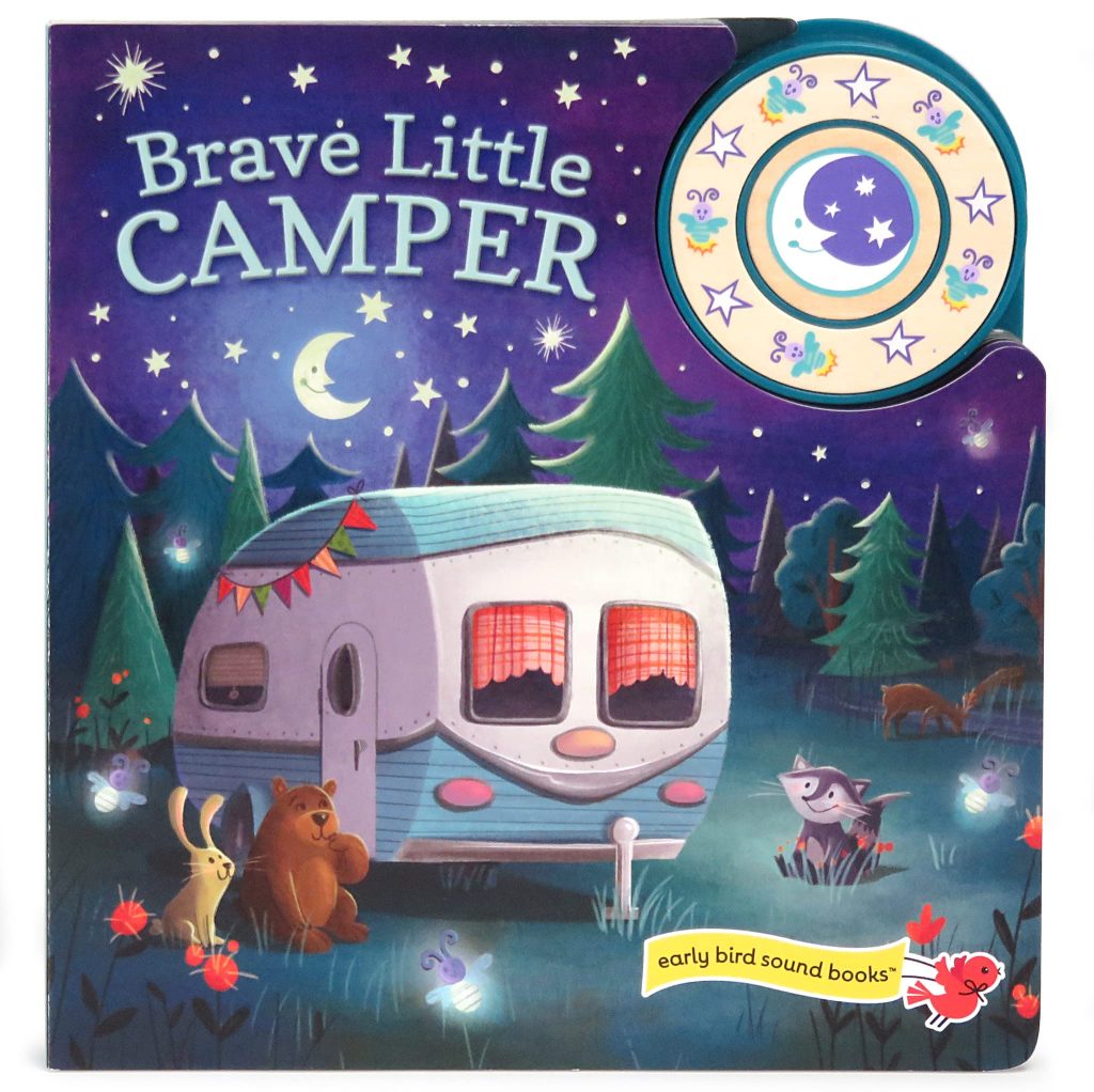 Book cover camper under full moon in forest.
