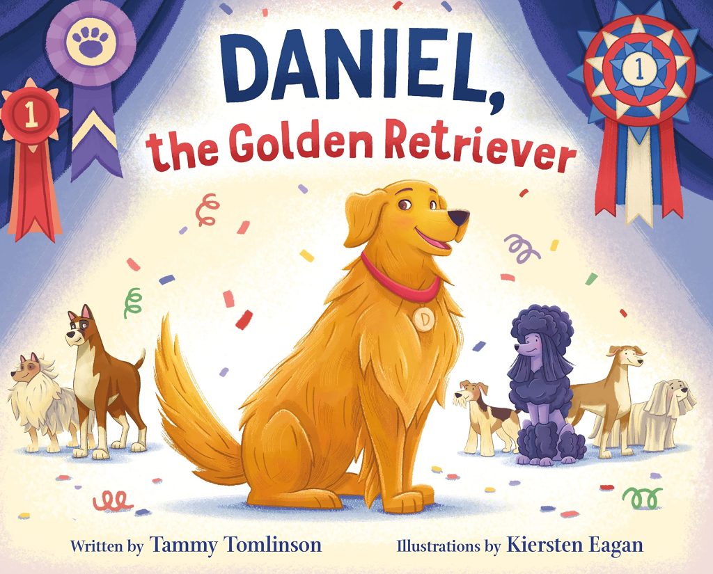 Book cover ribbons and golden retriever. 14 Picture Books Starring Furry and Lovable Dogs
