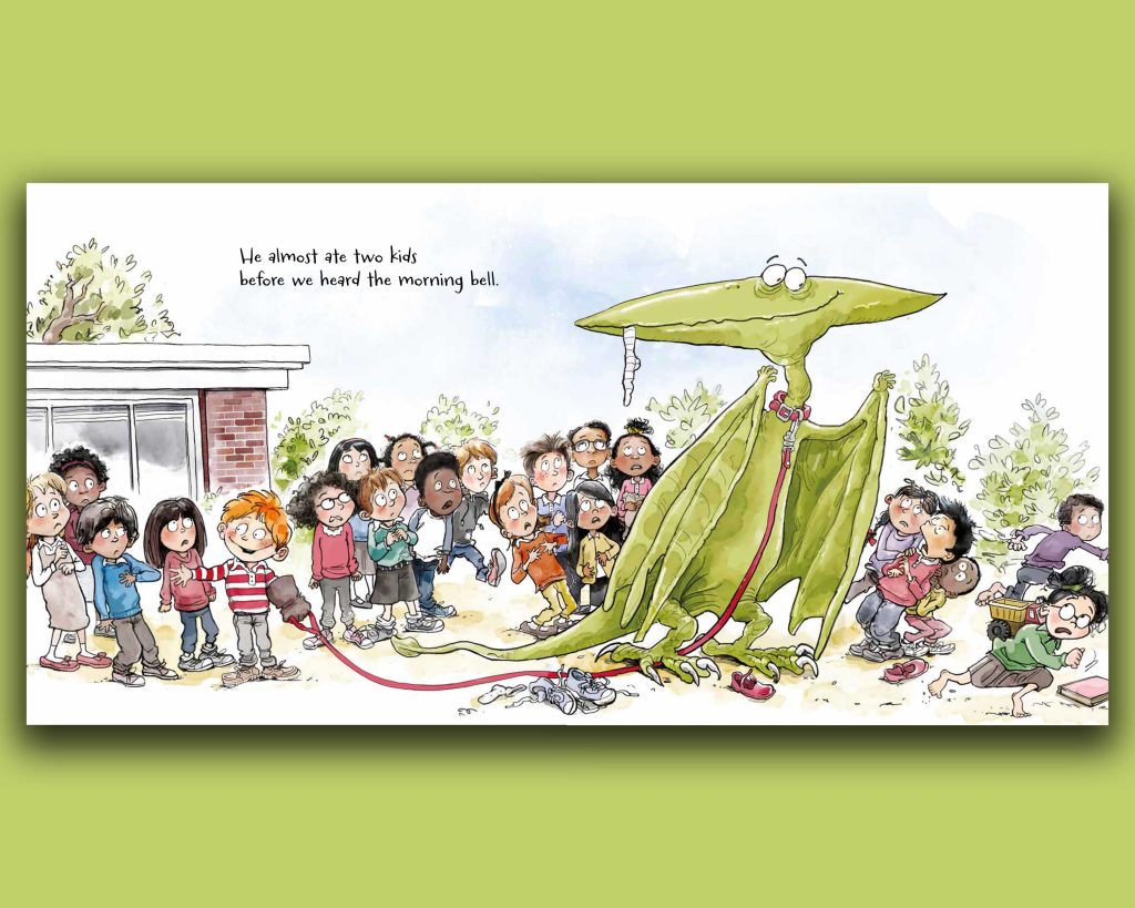 Book pages pterodactyl on a leash. A Playful Pet Leaves Students Petrified in 'Pterodactyl Show and Tell'