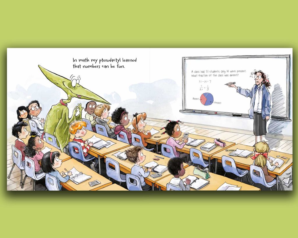 Book pages pterodactyl sitting at desk in classroom. A Playful Pet Leaves Students Petrified in 'Pterodactyl Show and Tell'