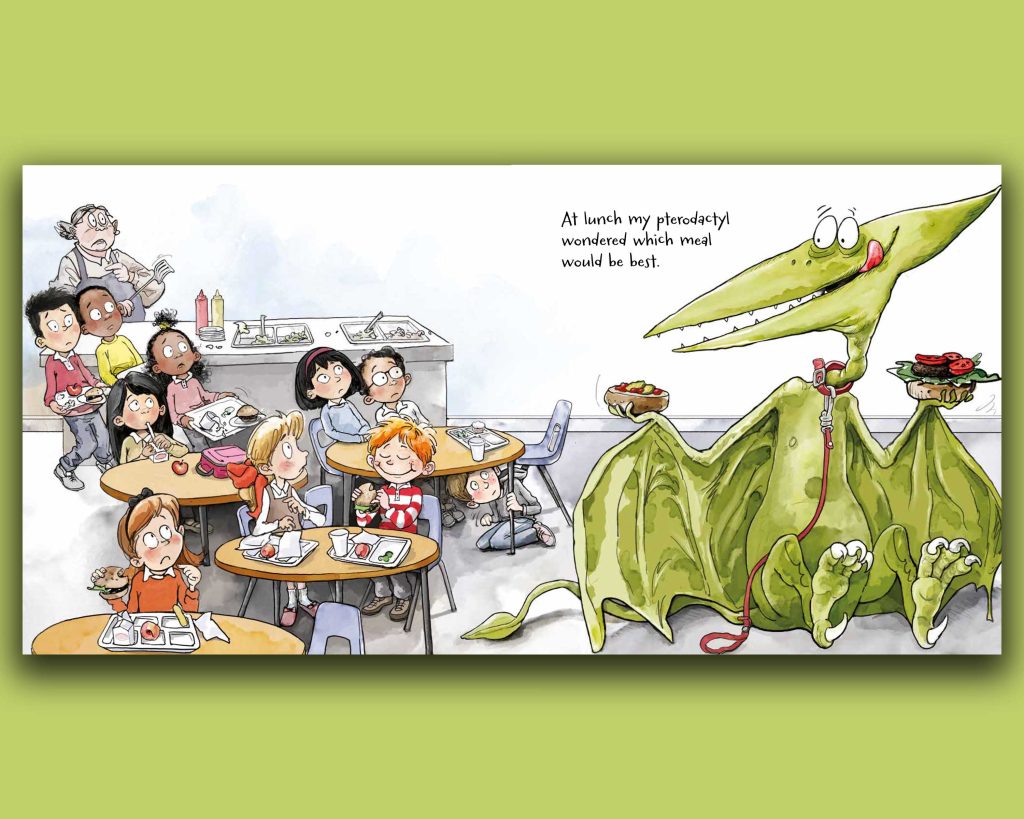 Book pages pterodactyl eating lunch in cafeteria.