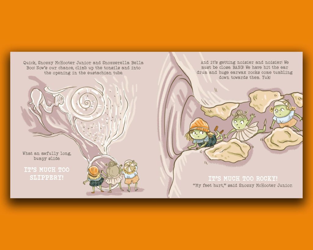 Book pages of Snozzerall children exploring the ear. Author Karen Henton Talks Character Creation and Picture Book Marketing